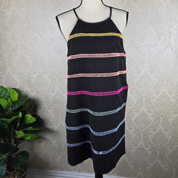 Entro Size Medium Black Swing Dress Multiple Colored Stripes Halter Neck Slvless - Picture 1 of 11
